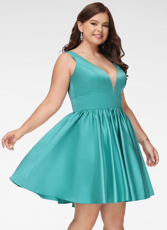 Robe Courte Satin Évasée Bleu - gallery 5