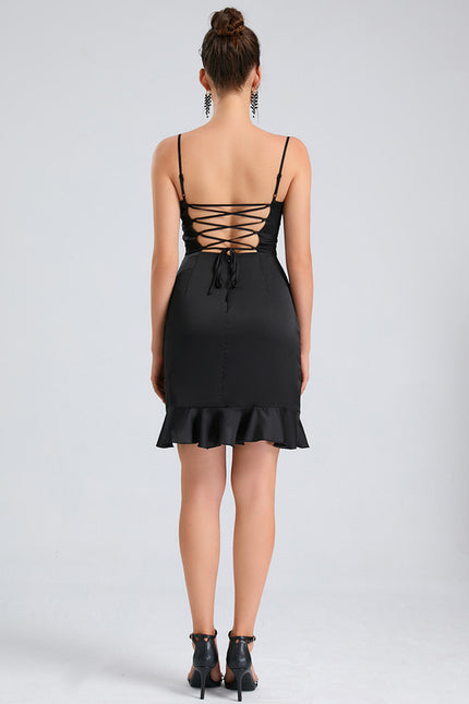 Robe Courte Satin Noir À Volants - gallery 1