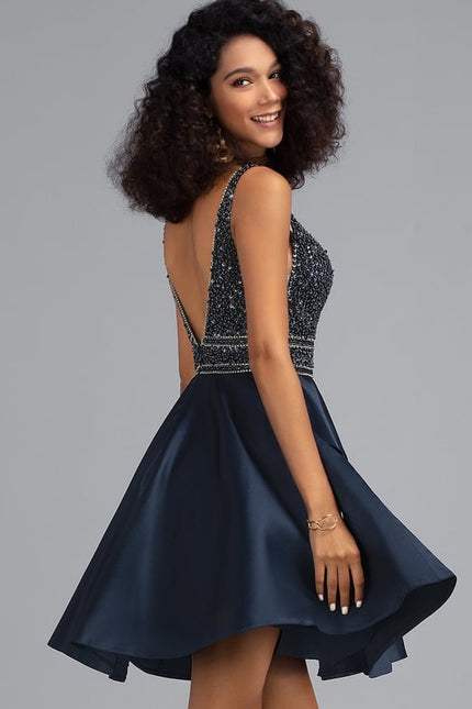Robe Courte Satinée Marine Avec Perles - gallery 1