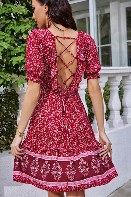 Robe Courte Bordeaux À Motifs - gallery 2