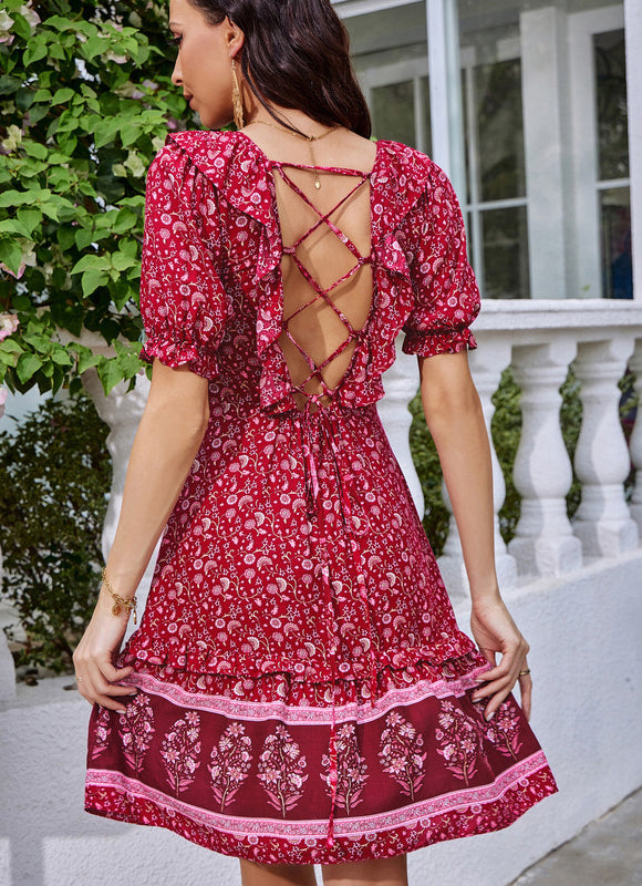 Robe Courte Bordeaux À Motifs - gallery 2