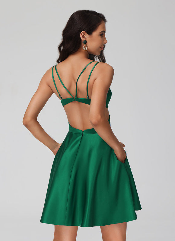 Robe Courte Satin Évasée Bleu - gallery 5