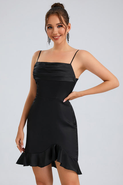 Robe Courte Satin Noir À Volants - gallery 5