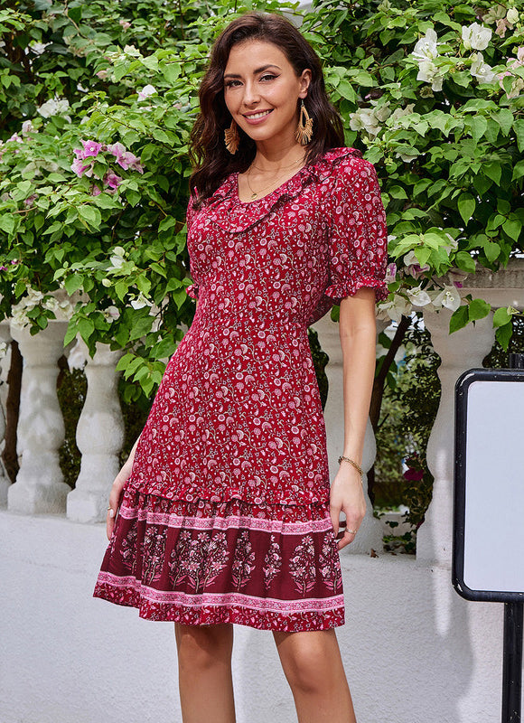 Robe Courte Bordeaux À Motifs - gallery 3