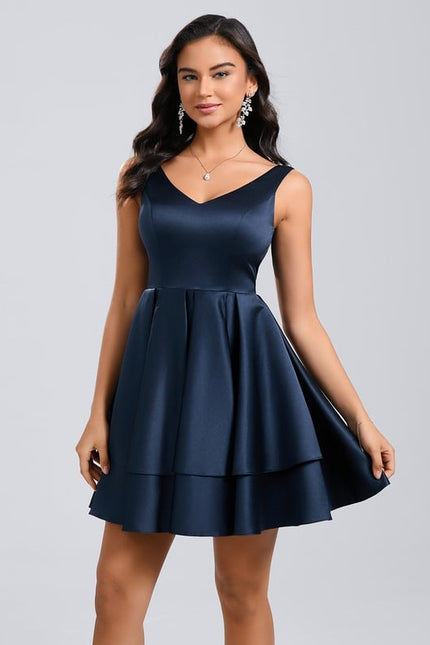 Robe Courte Satin Évasée Bleu - gallery 6