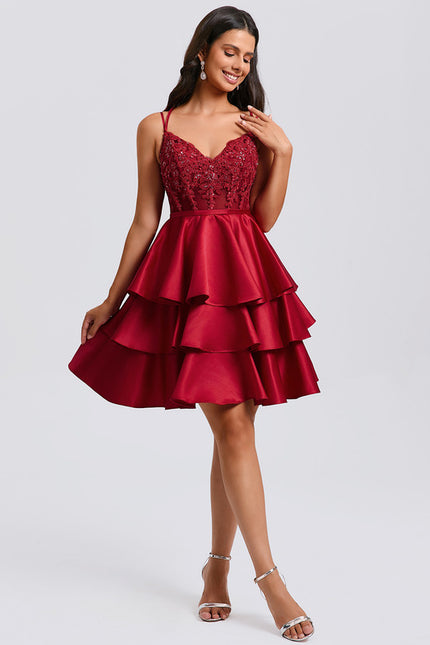 Robe Courte Satin Bordeaux À Volants - gallery 6