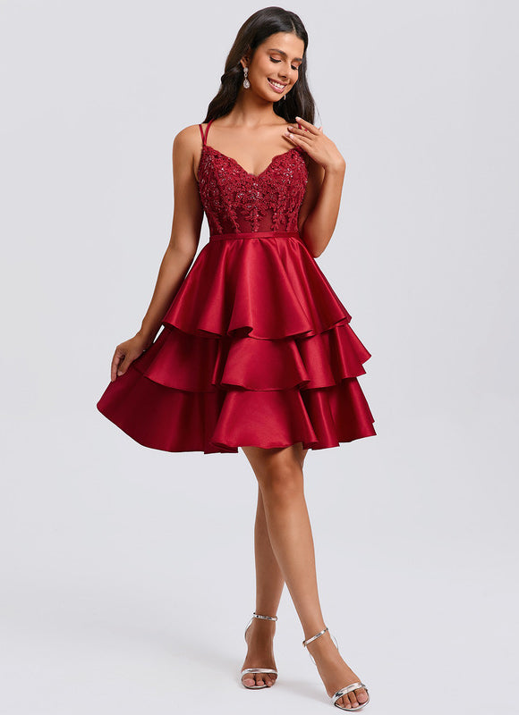 Robe Courte Satin Bordeaux À Volants - gallery 6